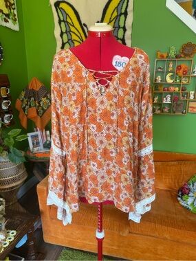 Rust Orange Floral Lace-Up Boho Tunic with Crochet Trim